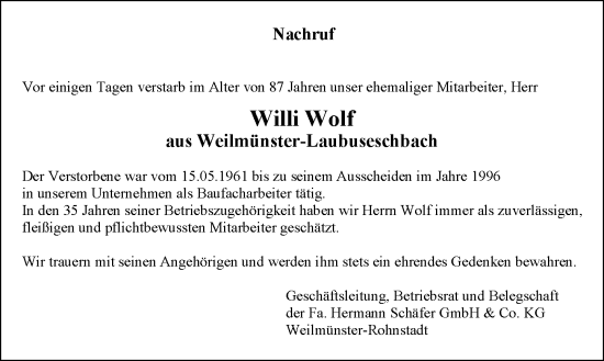 Traueranzeige von Willi Wolf von Weilburger Tageblatt