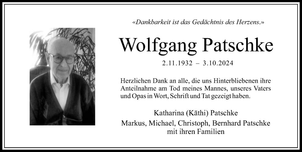  Traueranzeige für Wolfgang Patschke vom 09.11.2024 aus Allgemeine Zeitung Mainz