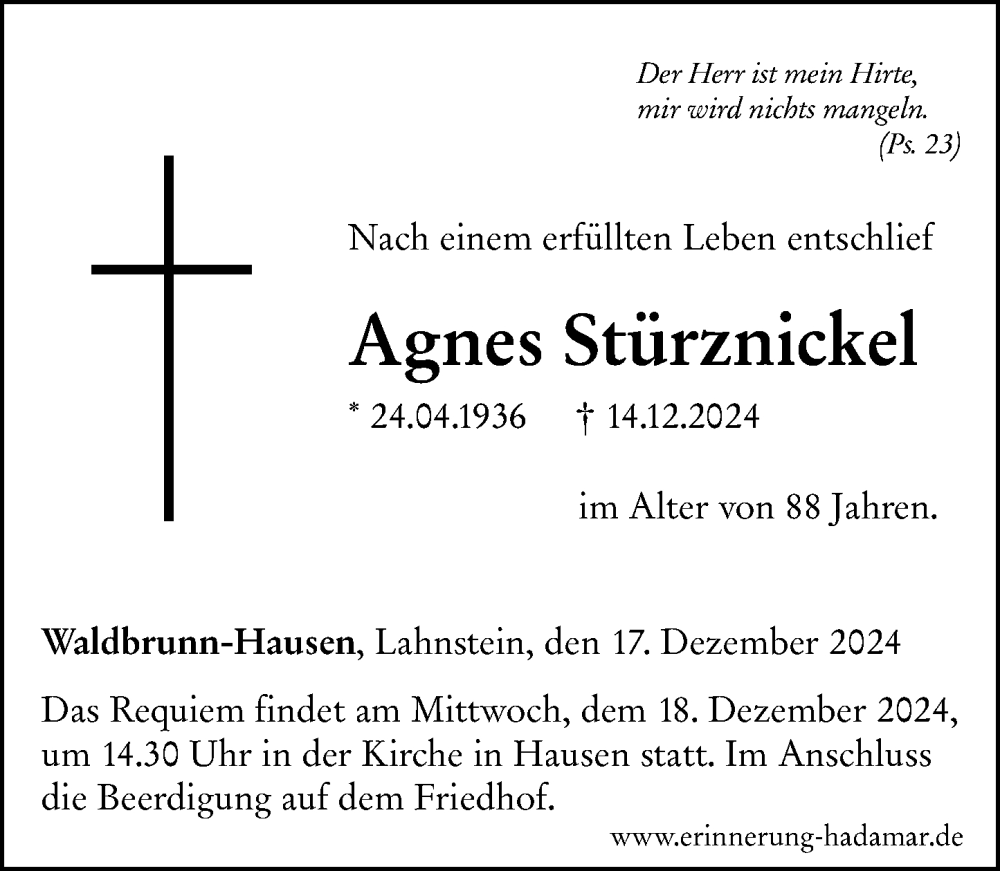  Traueranzeige für Agnes Stürznickel vom 17.12.2024 aus Nassauische Neue Presse