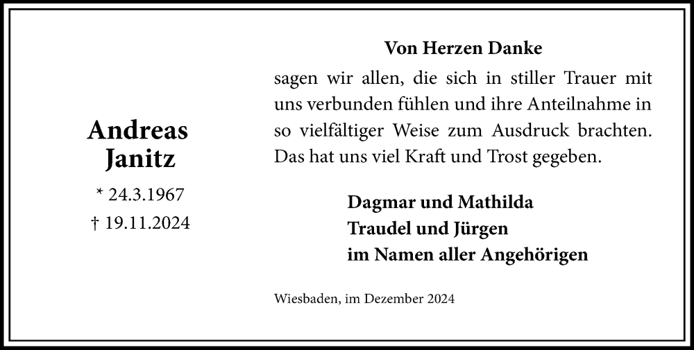  Traueranzeige für Andreas Janitz vom 21.12.2024 aus Wiesbadener Kurier