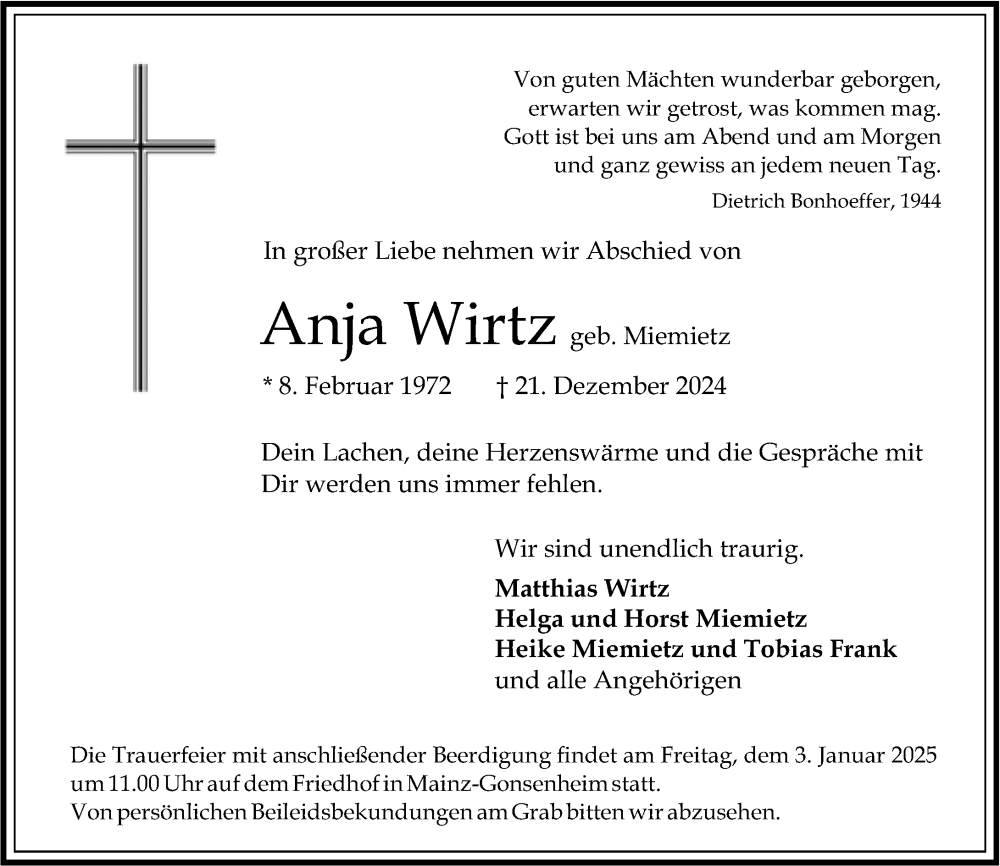  Traueranzeige für Anja Wirtz vom 28.12.2024 aus Wiesbadener Kurier