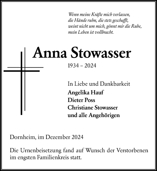Traueranzeige von Anna Stowasser von Groß-Gerauer Echo