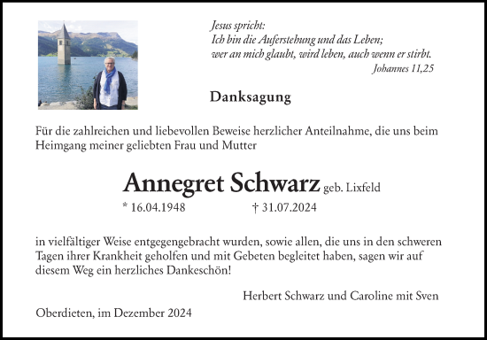 Traueranzeige von Annegret Schwarz von Hinterländer Anzeiger