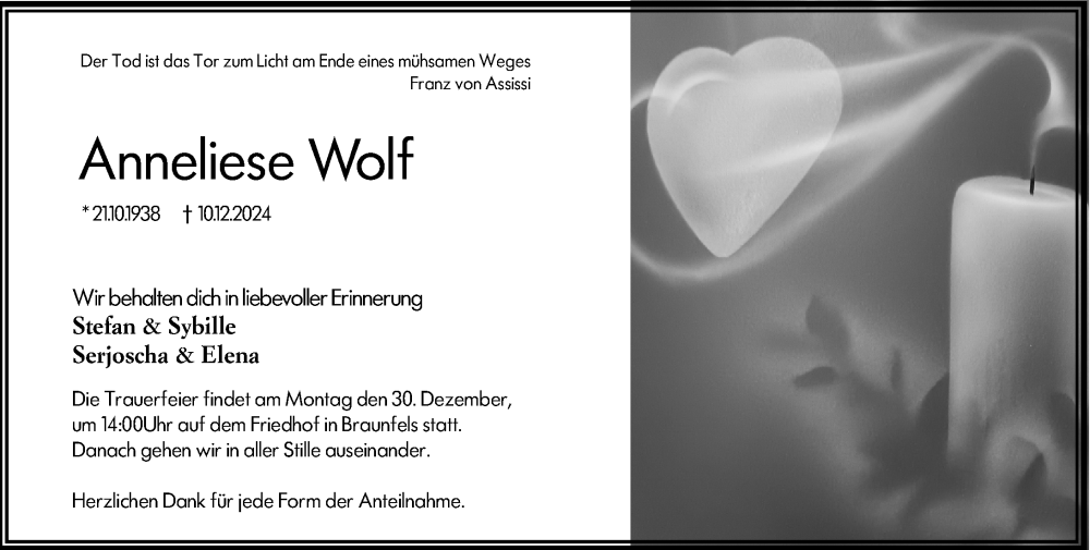  Traueranzeige für Anneliese Wolf vom 23.12.2024 aus Wetzlarer Neue Zeitung