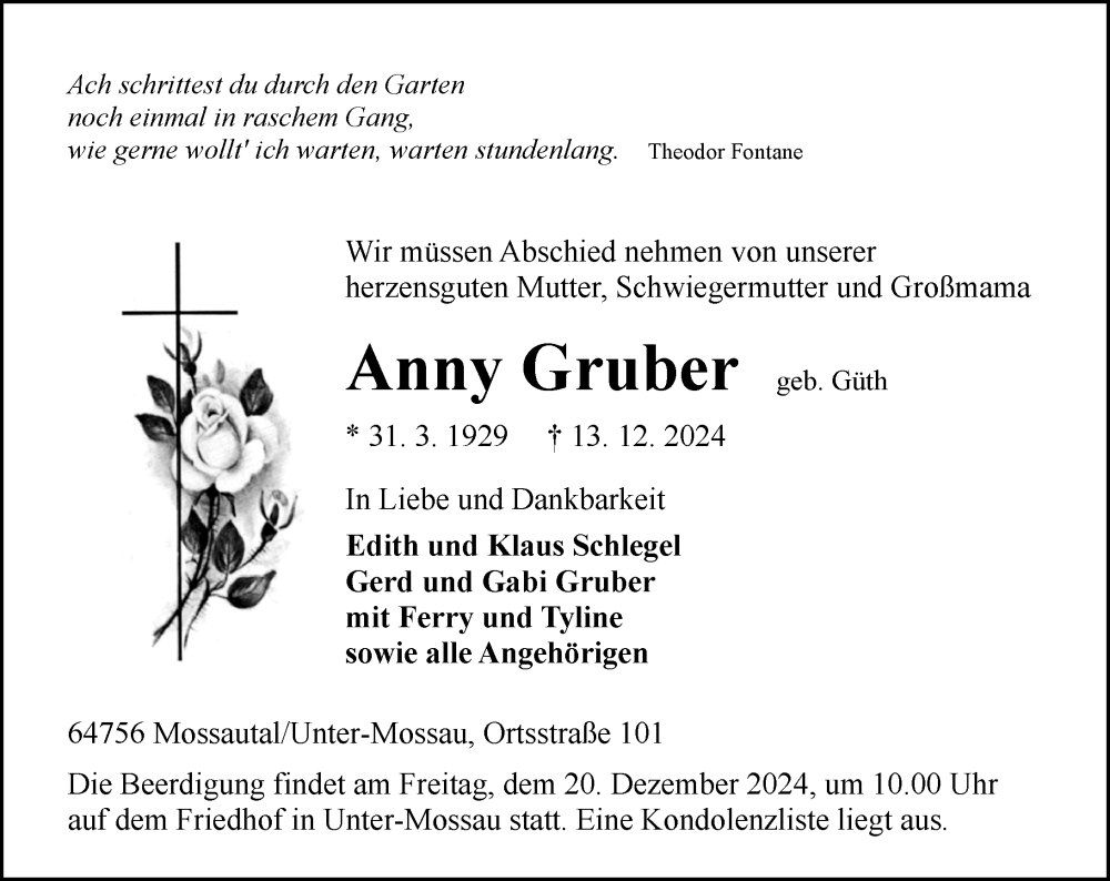  Traueranzeige für Anny Gruber vom 17.12.2024 aus Odenwälder Echo