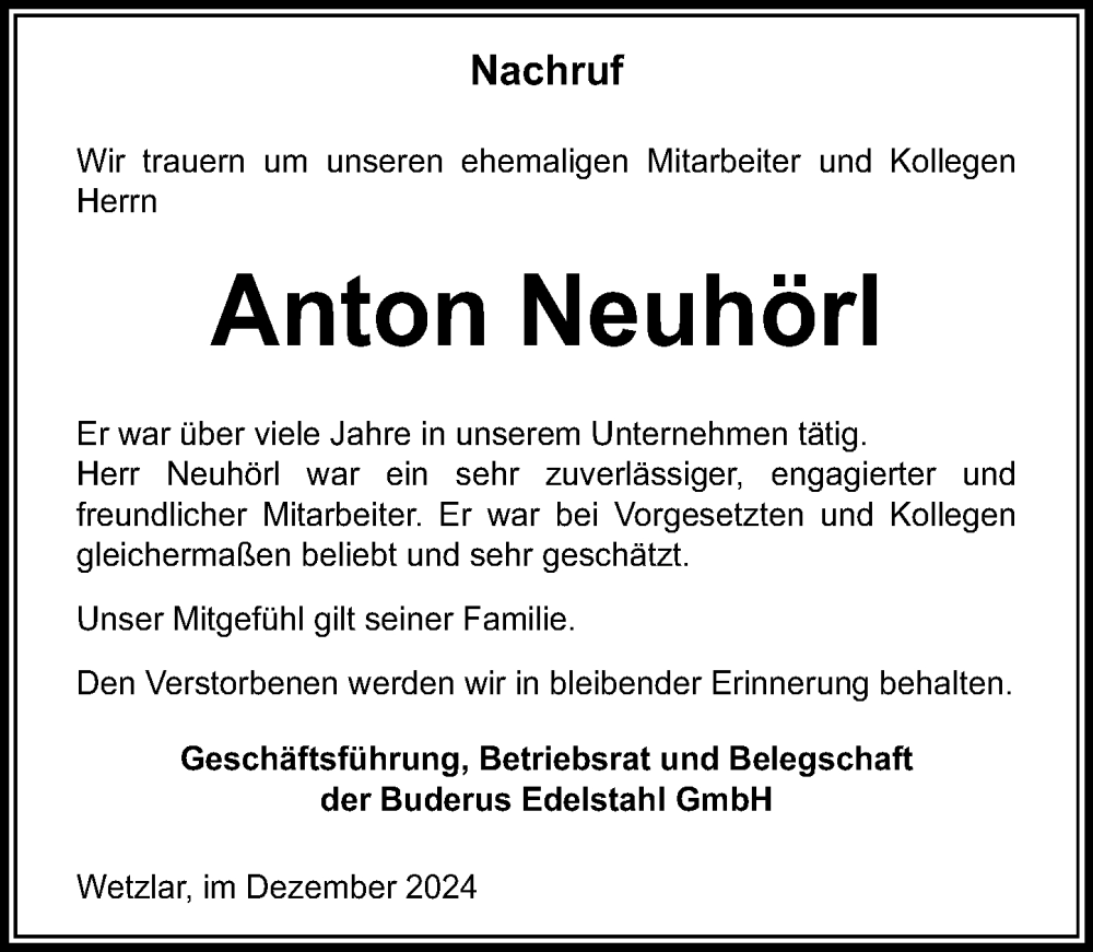  Traueranzeige für Anton Neuhörl vom 21.12.2024 aus Wetzlarer Neue Zeitung