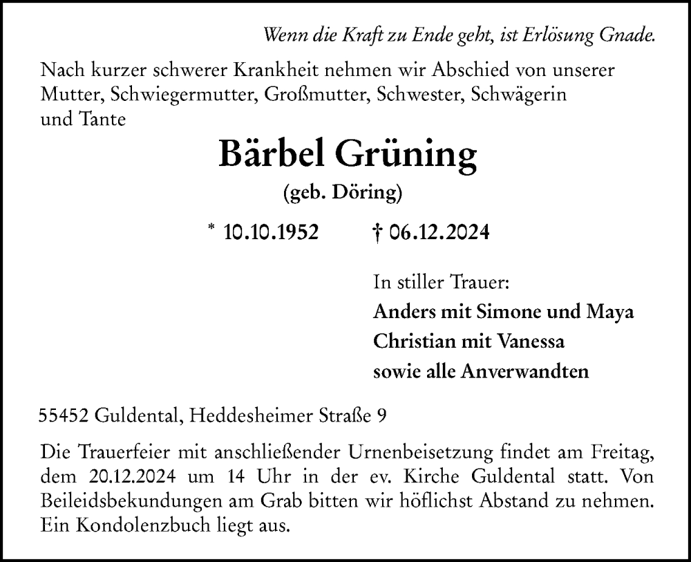  Traueranzeige für Bärbel Grüning vom 11.12.2024 aus Allgemeine Zeitung Rheinhessen-Nahe