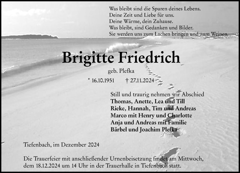  Traueranzeige für Brigitte Friedrich vom 14.12.2024 aus Wetzlarer Neue Zeitung