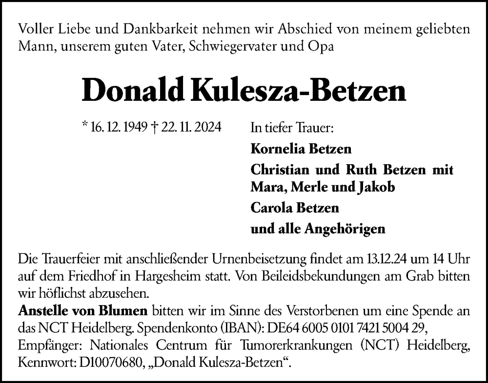  Traueranzeige für Donald Kulesza-Betzen vom 07.12.2024 aus Allgemeine Zeitung Rheinhessen-Nahe