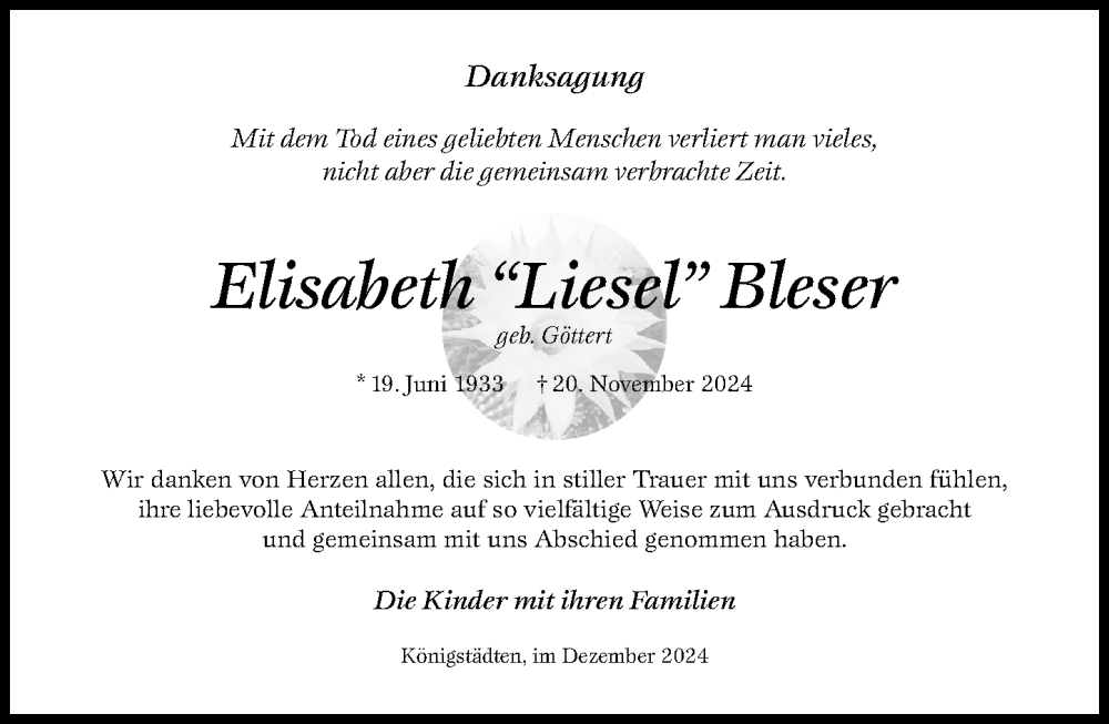  Traueranzeige für Elisabeth Bleser vom 21.12.2024 aus Rüsselsheimer Echo