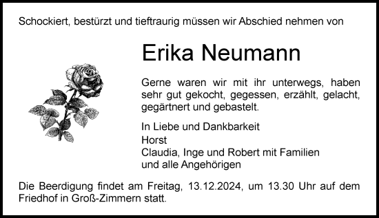 Traueranzeige von Erika Neumann von Dieburger Anzeiger/Groß-Zimmerner Lokal-Anzeiger