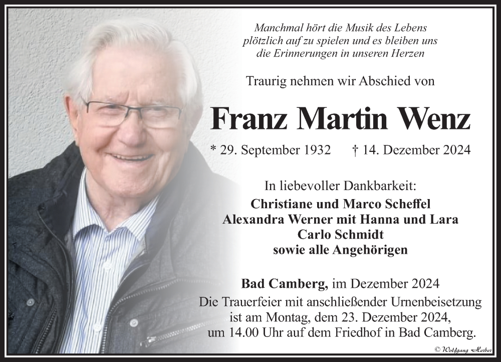  Traueranzeige für Franz Martin Wenz vom 21.12.2024 aus Nassauische Neue Presse