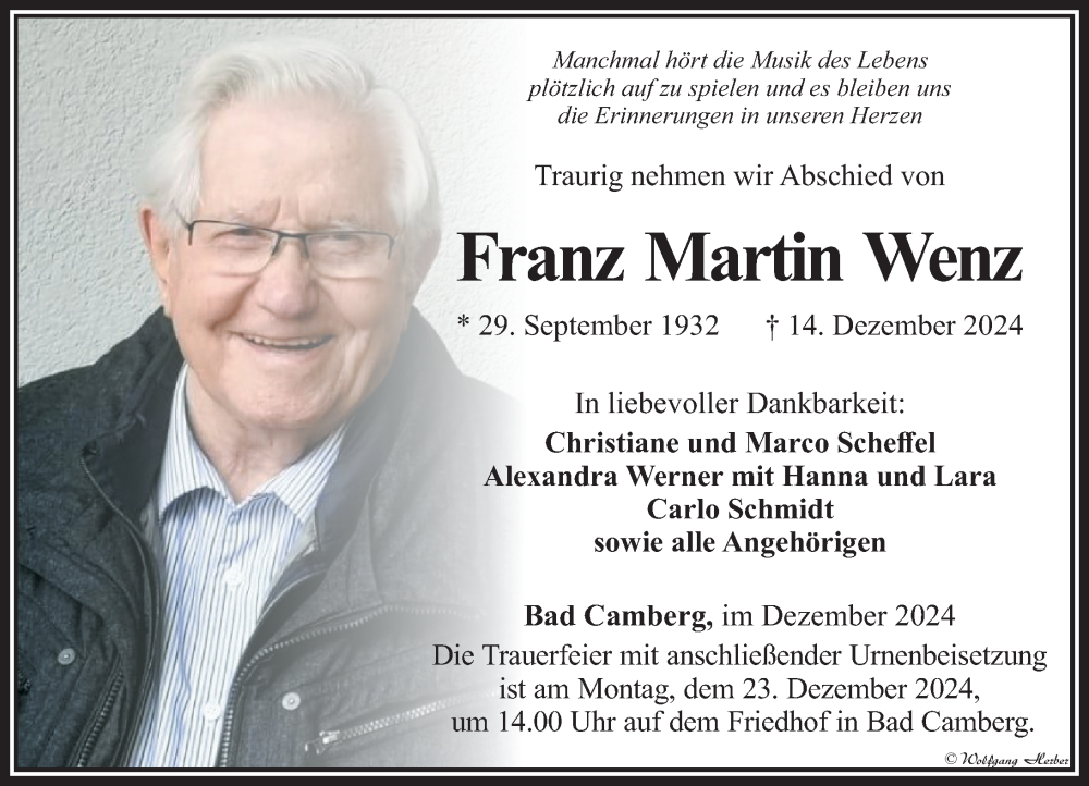  Traueranzeige für Franz Martin Wenz vom 19.12.2024 aus Camberger Anzeiger