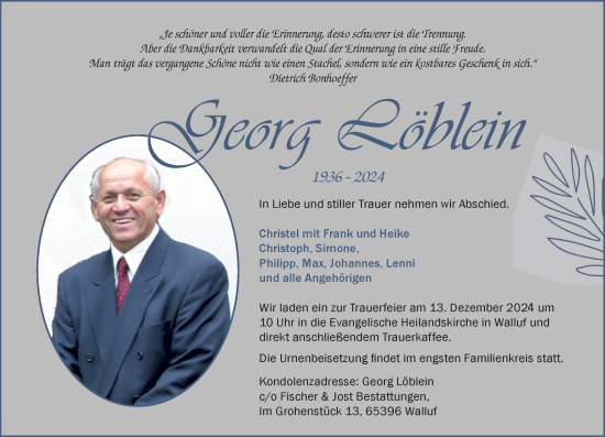Traueranzeige von Georg Löblein von Wiesbadener Kurier