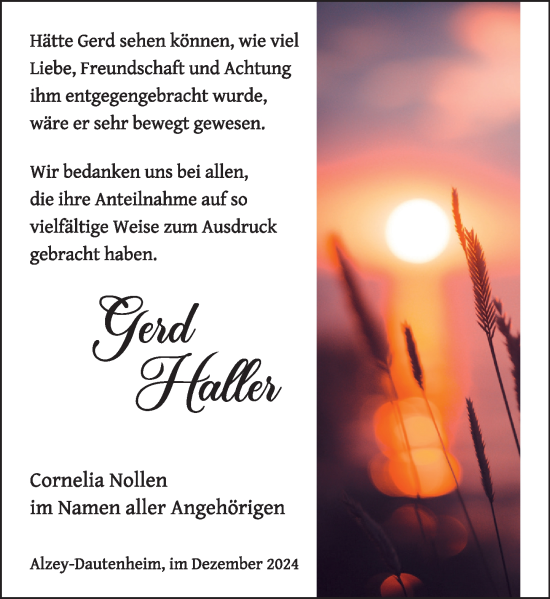Traueranzeige von Gerd Haller von Allgemeine Zeitung Alzey