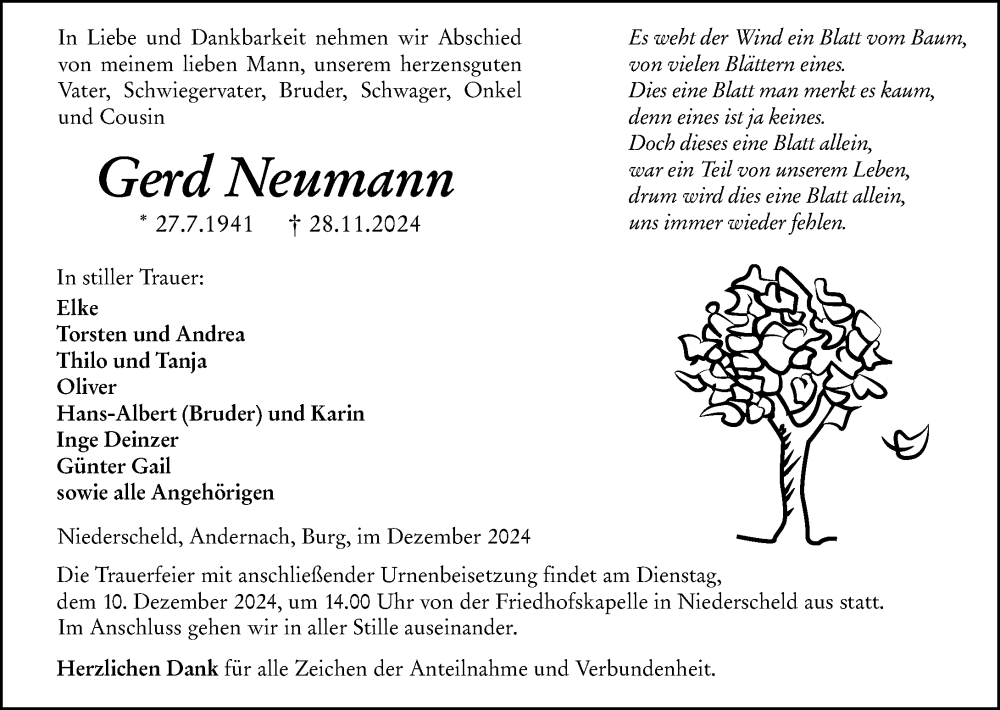  Traueranzeige für Gerd Neumann vom 07.12.2024 aus Dill Block