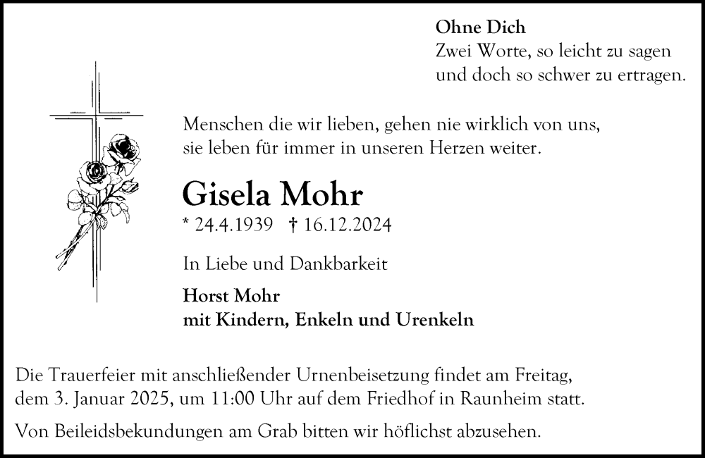  Traueranzeige für Gisela Mohr vom 21.12.2024 aus Rüsselsheimer Echo