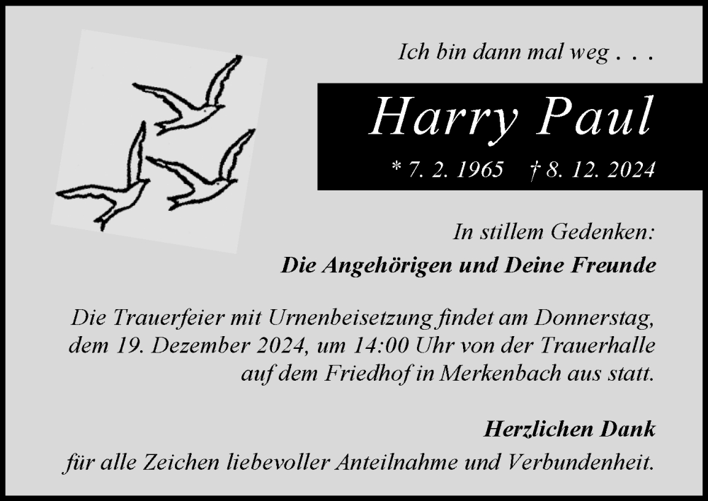  Traueranzeige für Harry Paul vom 14.12.2024 aus Dill Block