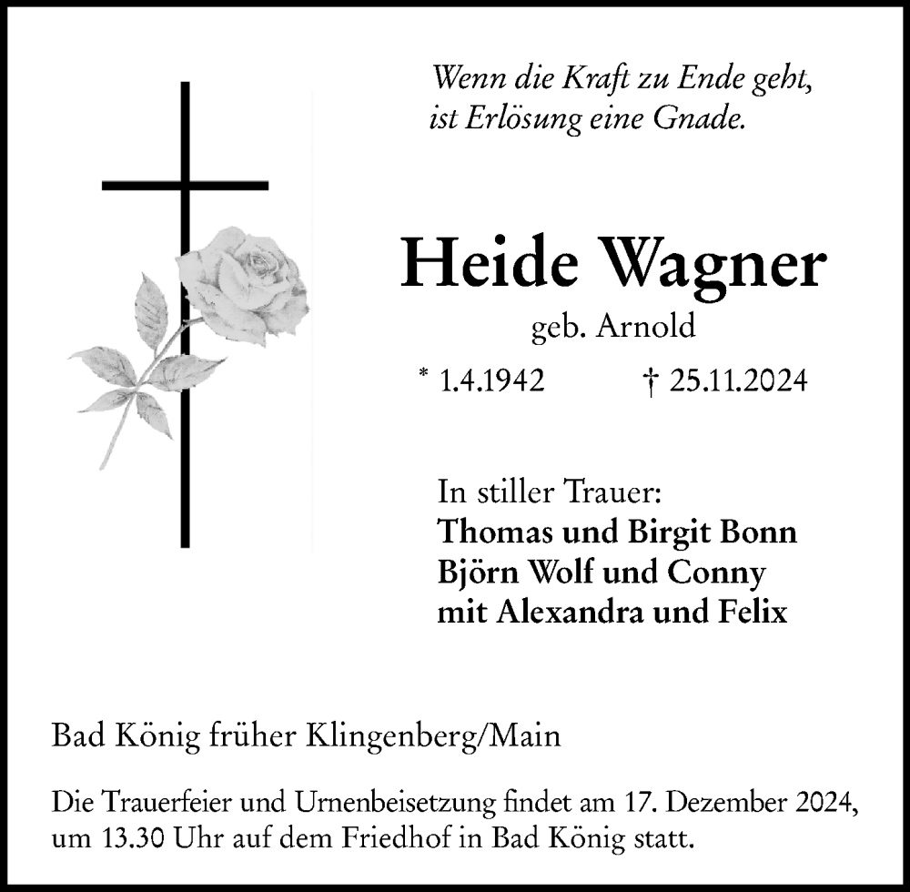  Traueranzeige für Heide Wagner vom 07.12.2024 aus Odenwälder Echo