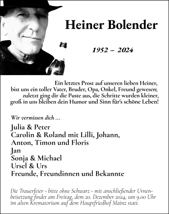 Traueranzeige von Heiner Bolender von Allgemeine Zeitung Mainz