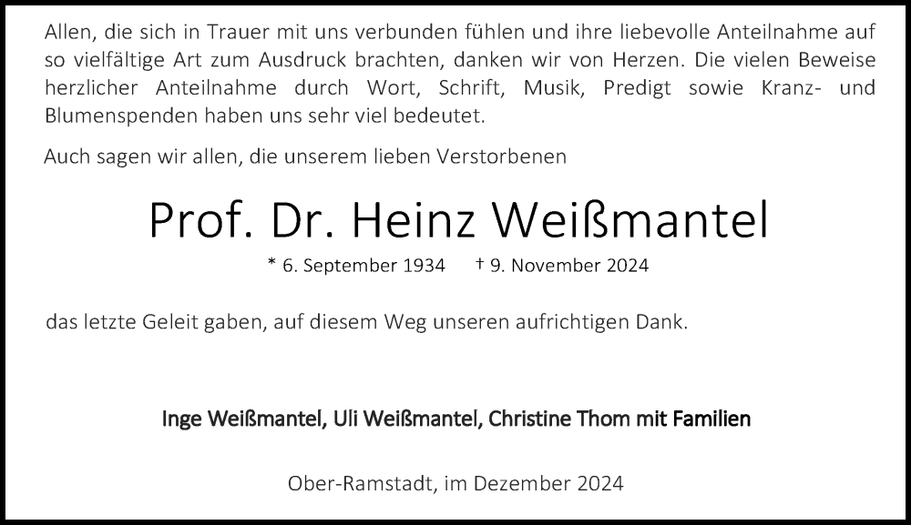  Traueranzeige für Heinz Weißmantel vom 14.12.2024 aus Darmstädter Echo