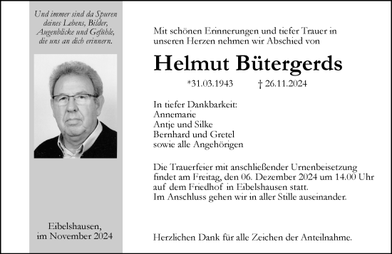 Traueranzeige von Helmut Bütergerds von Dill Block