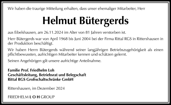 Traueranzeige von Helmut Bütergerds von Dill Block