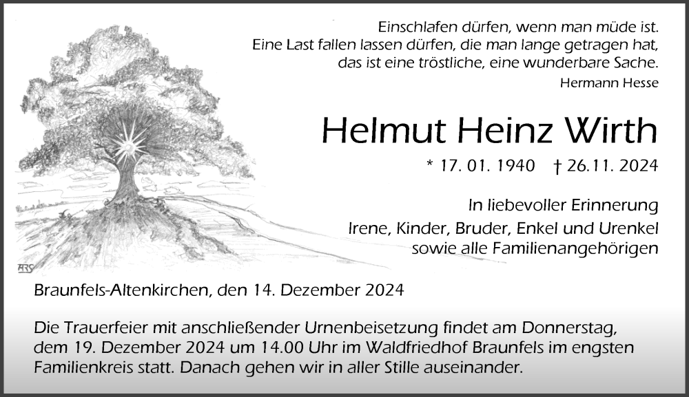  Traueranzeige für Helmut Heinz Wirth vom 14.12.2024 aus Wetzlarer Neue Zeitung