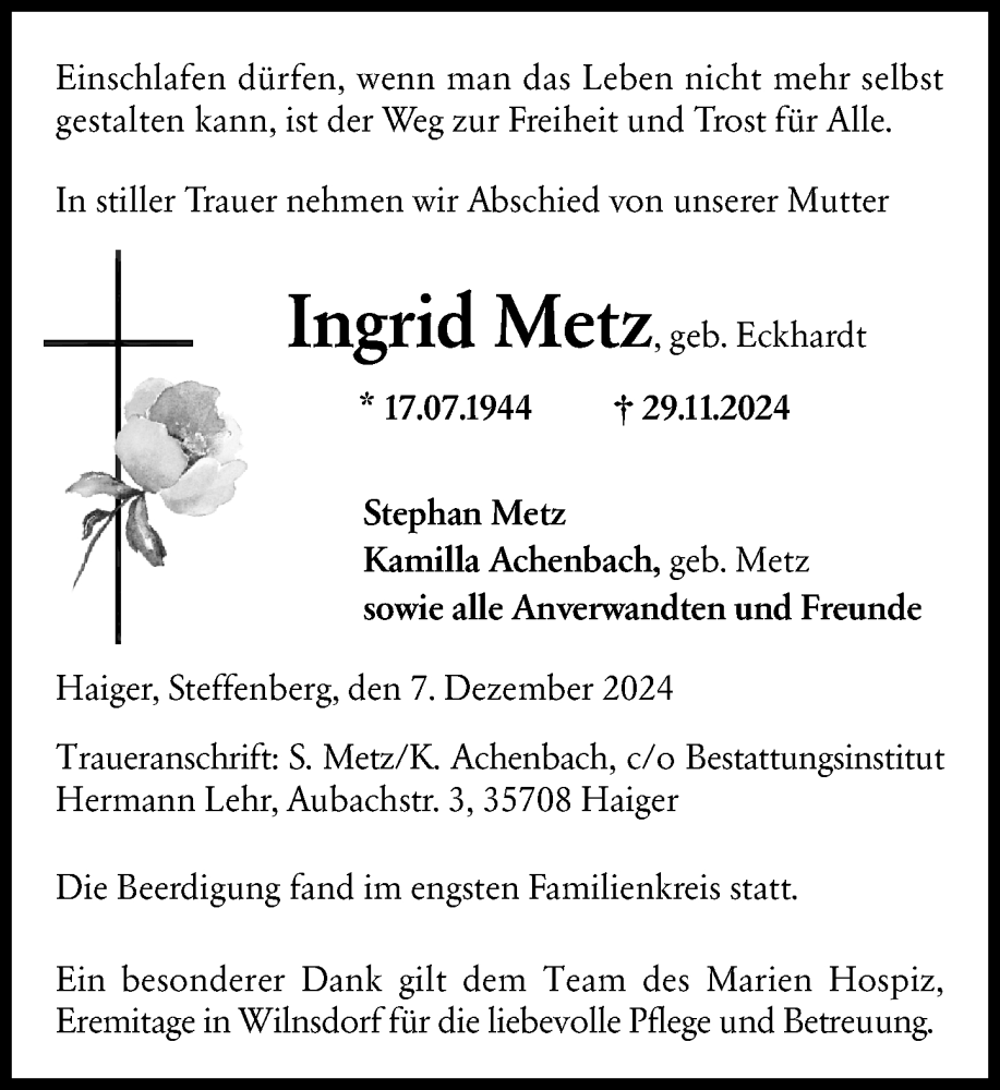 Traueranzeige für Ingrid Metz vom 07.12.2024 aus Dill Block