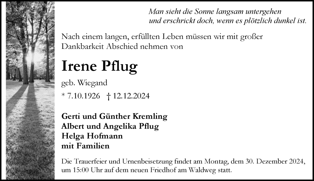  Traueranzeige für Irene Pflug vom 21.12.2024 aus Rüsselsheimer Echo