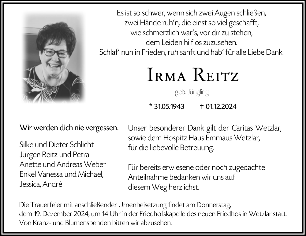  Traueranzeige für Irma Reitz vom 14.12.2024 aus Wetzlarer Neue Zeitung