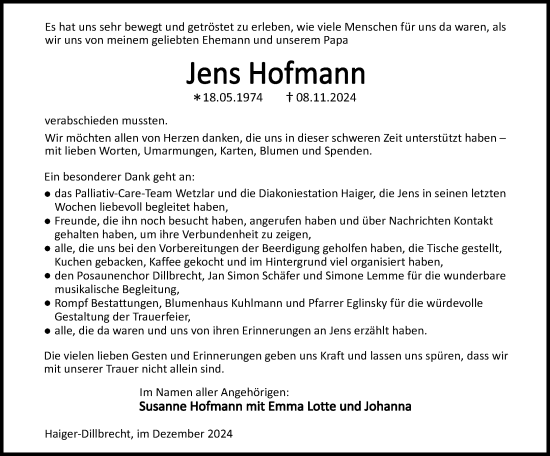 Traueranzeige von Jens Hofmann von Dill Block