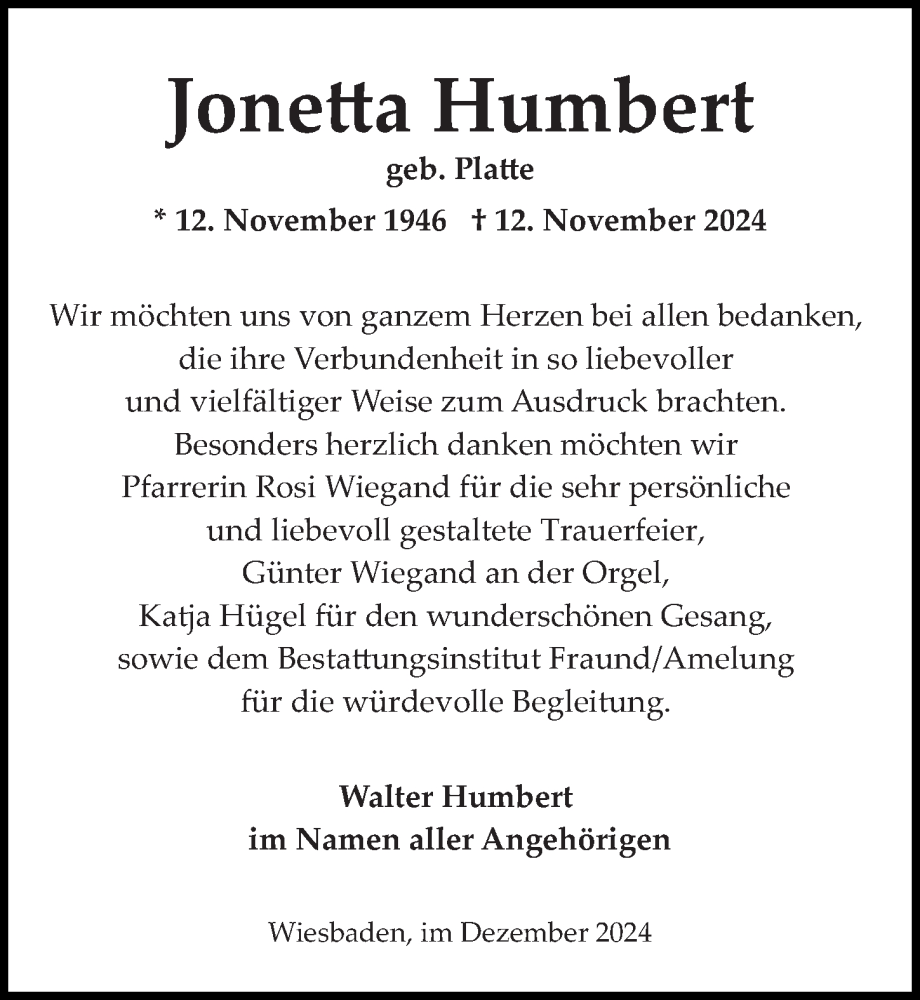  Traueranzeige für Jonetta Humbert vom 21.12.2024 aus Wiesbadener Kurier