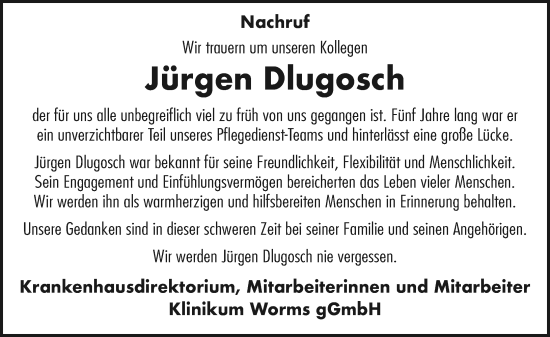 Traueranzeige von Jürgen Dlugosch von Wormser Zeitung