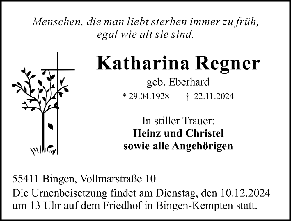  Traueranzeige für Katharina Regner vom 07.12.2024 aus Allgemeine Zeitung Rheinhessen-Nahe