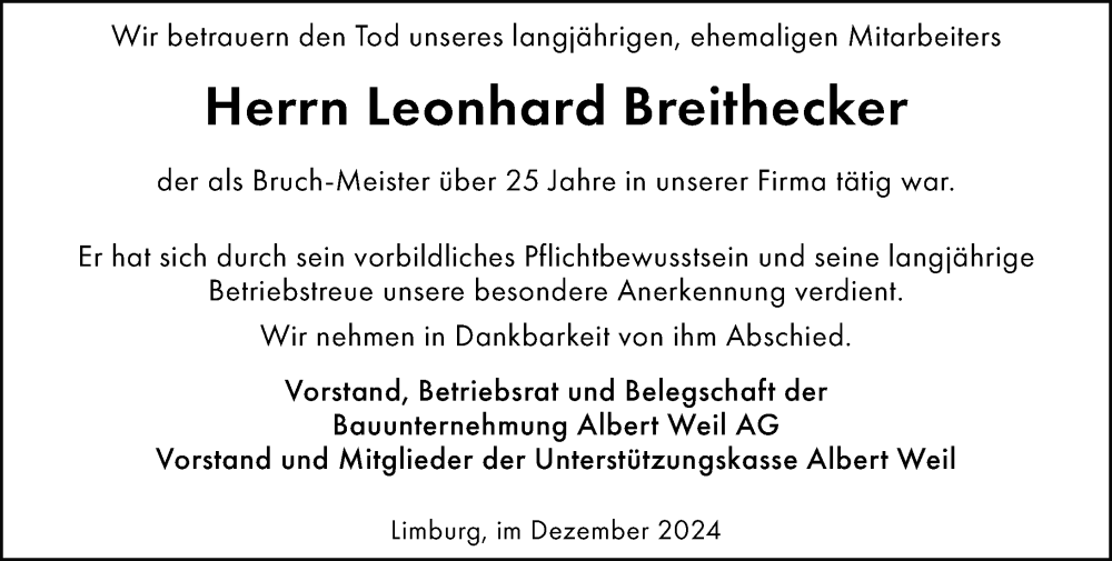  Traueranzeige für Leonhard Breithecker vom 04.12.2024 aus Nassauische Neue Presse