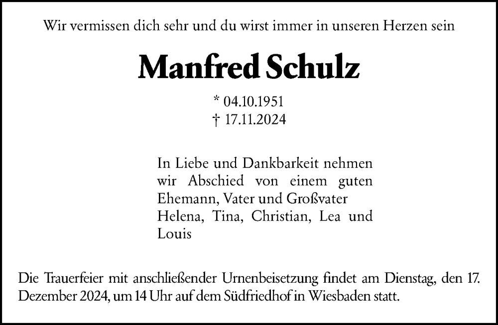  Traueranzeige für Manfred Schulz vom 12.12.2024 aus Wiesbadener Kurier