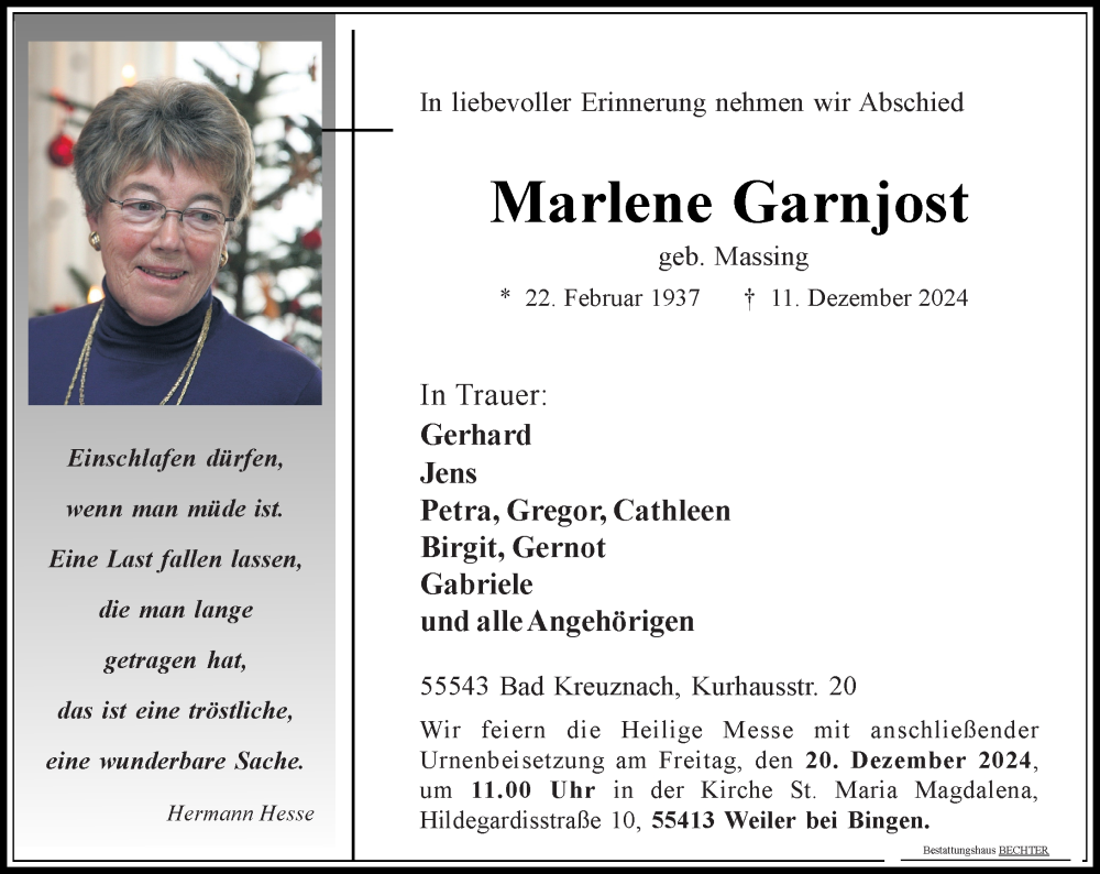  Traueranzeige für Marlene Garnjost vom 14.12.2024 aus Allgemeine Zeitung Rheinhessen-Nahe