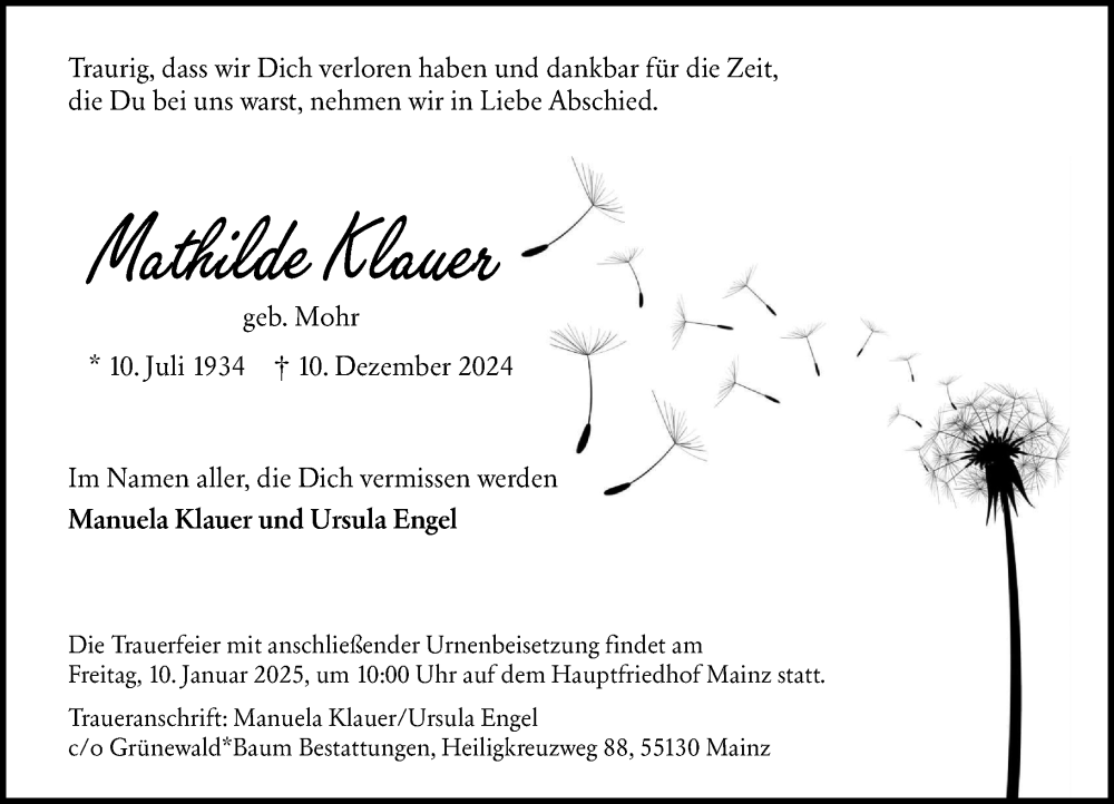  Traueranzeige für Mathilde Klauer vom 21.12.2024 aus Allgemeine Zeitung Mainz