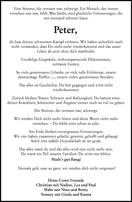 Traueranzeige von Peter  von Allgemeine Zeitung Mainz