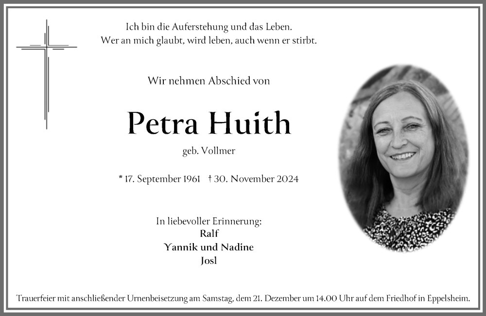  Traueranzeige für Petra Huith vom 19.12.2024 aus Allgemeine Zeitung Alzey