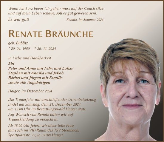 Traueranzeige von Renate Bräunche von Dill Block