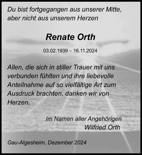 Traueranzeige von Renate Orth von Allgemeine Zeitung Rheinhessen-Nahe
