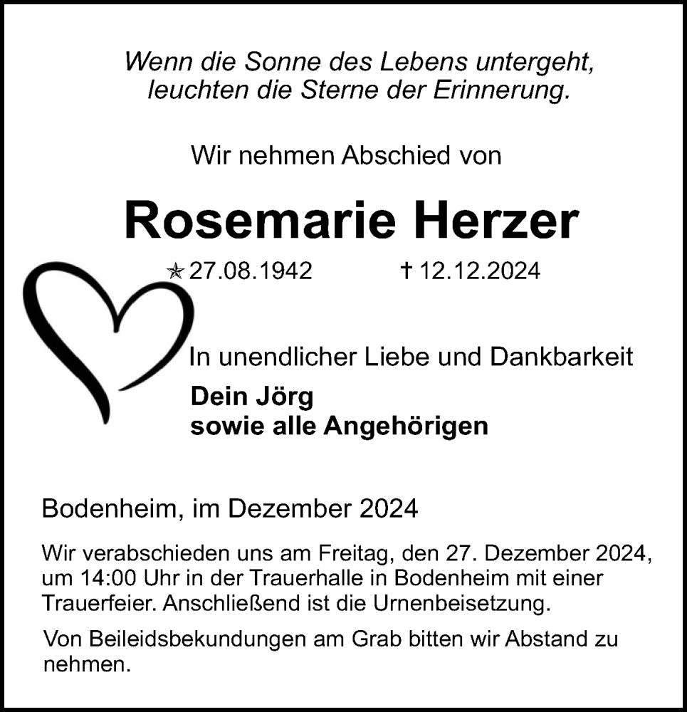  Traueranzeige für Rosemarie Herzer vom 21.12.2024 aus Allgemeine Zeitung Mainz