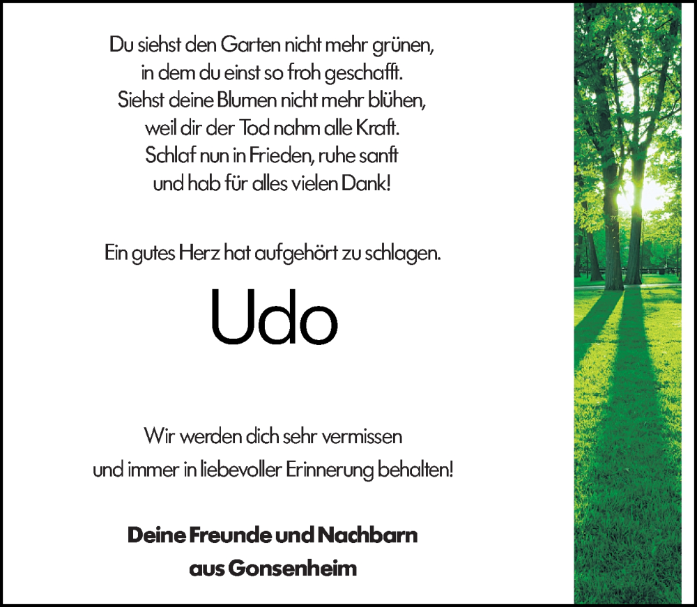  Traueranzeige für Udo  vom 28.12.2024 aus Allgemeine Zeitung Mainz