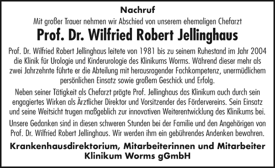 Traueranzeige von Wilfried Robert Jellinghaus von Wormser Zeitung