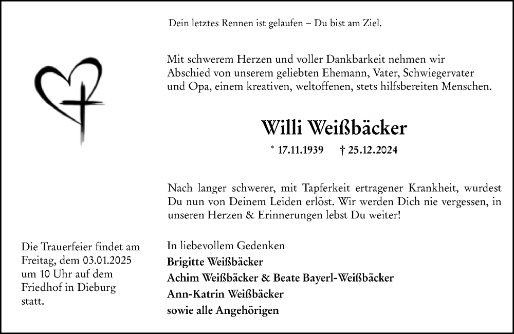  Traueranzeige für Willi Weißbäcker vom 31.12.2024 aus Dieburger Anzeiger/Groß-Zimmerner Lokal-Anzeiger