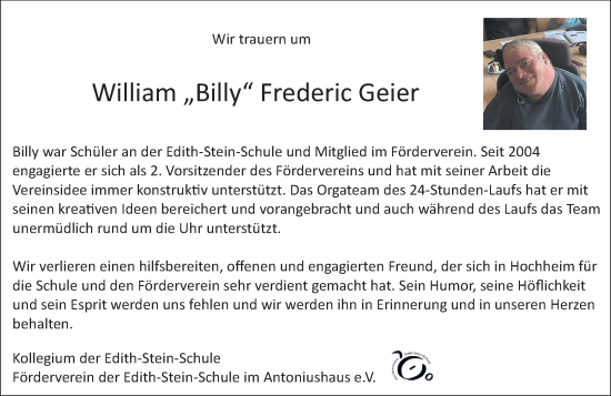 Traueranzeige von William Frederic Geier von Hochheimer Zeitung