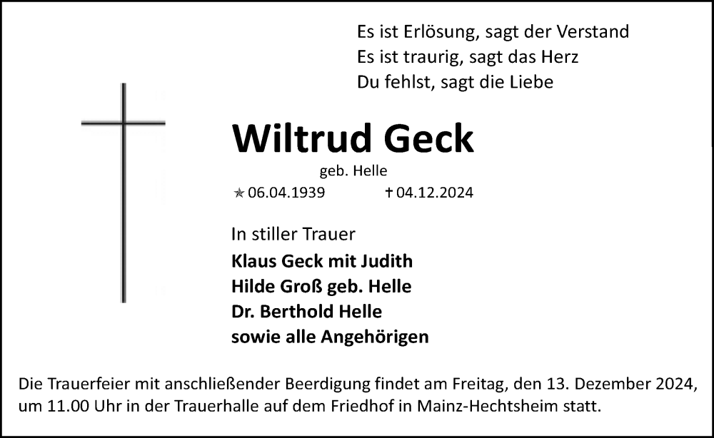  Traueranzeige für Wiltrud Geck vom 07.12.2024 aus Allgemeine Zeitung Mainz