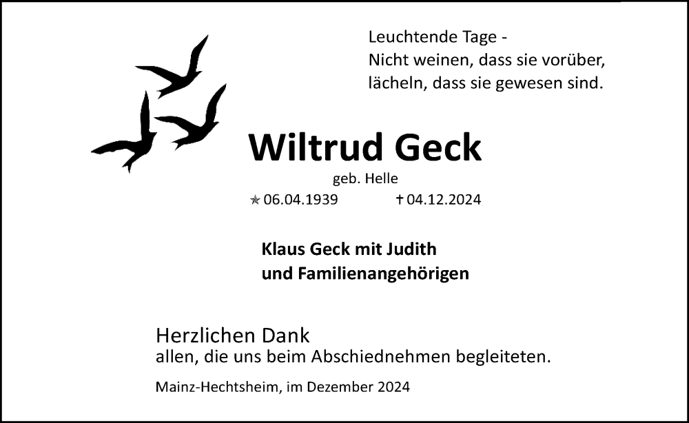  Traueranzeige für Wiltrud Geck vom 21.12.2024 aus Allgemeine Zeitung Mainz